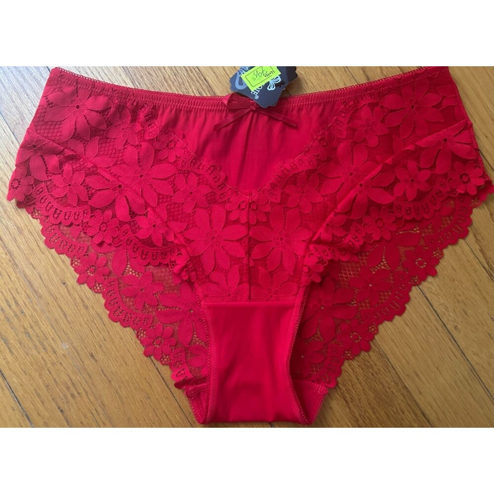 Womens L Red Floral Scalloped Lace High Waisted Panties Seamless Elegant Bikini